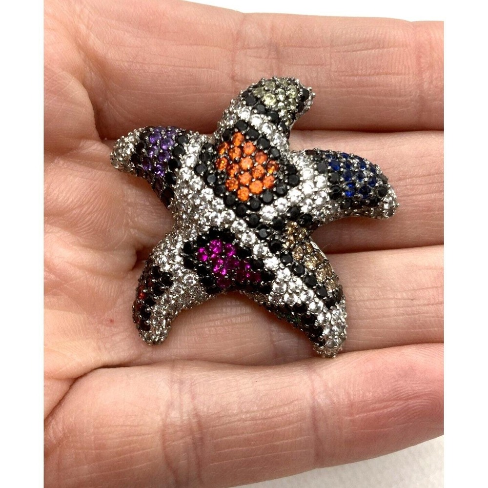 Vintage‎ J Leopard Print Multi Color CZ Starfish Pendant Sterling 925 Silver 13g